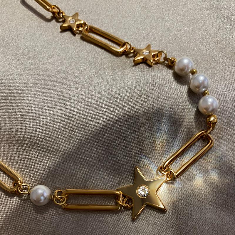 

Chokers Vintage Star Clover Metal Necklace For Women Statement Stylish Decorated Imitation Pearl Inlay Rhinestone Necklaces