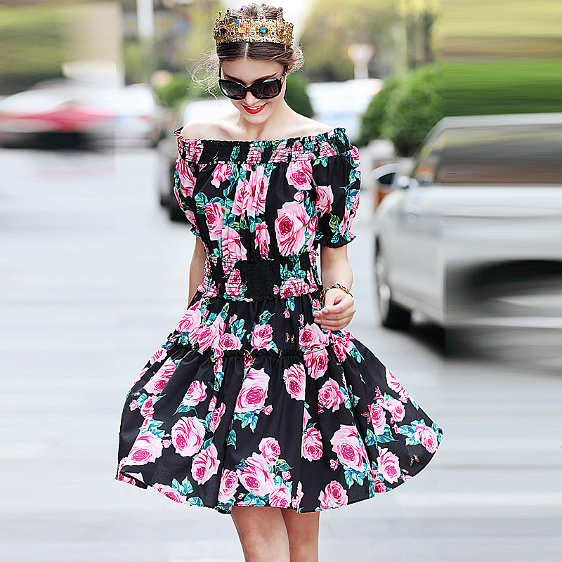 

Xf Spring Fashion Designers Summer Track Bohemia Ladies Collar Sexy Strapless Short-mango Rosa Printing Dress Thin Vewl, Multiple