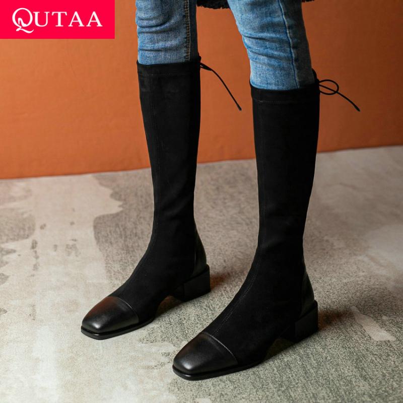 

QUTAA 2021 Mid Calf Boots Patchwork Cow Leather PU Flock Stretch Long Boots Square Toe Lace Up Fashion Women Shoes Size 34-42