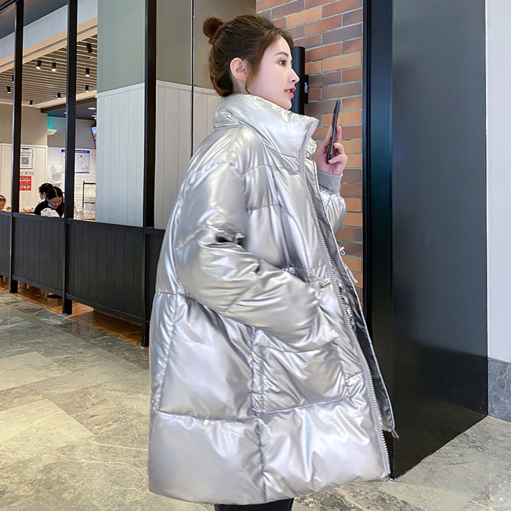 

2020 Winter Women's Long Down Jacket Shiny Oversized Thick Coat Ladies Stand Collar Big Pockets Solid Loose Casual Female Parkas, Black