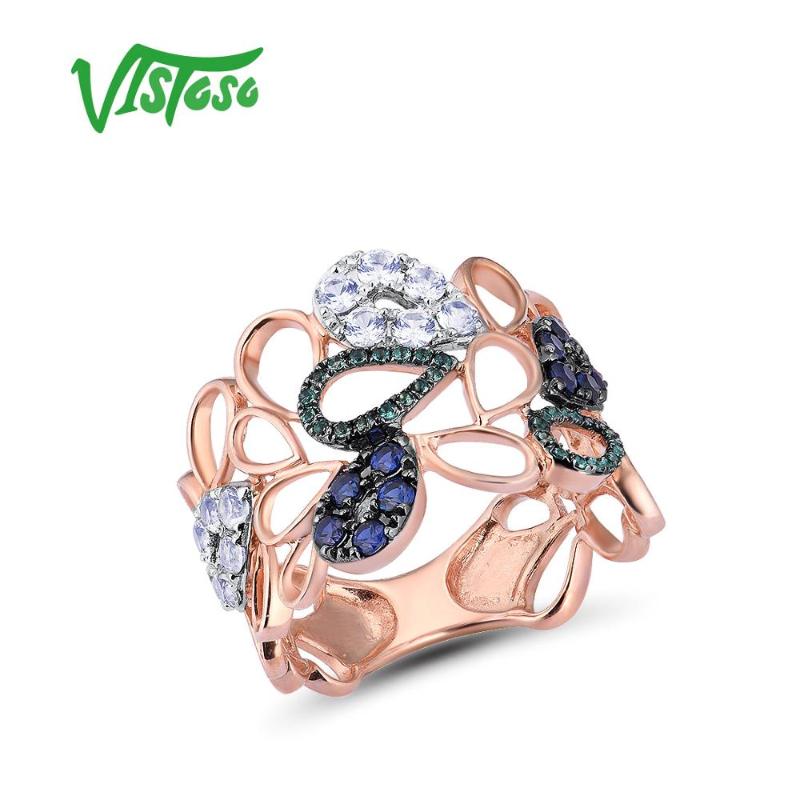 

Cluster Rings VISTOSO 9K 375 Rose Gold Hollow Ring For Lady Lab Created Sapphire Emerald White Glamorous Glittering Fine Jewelry