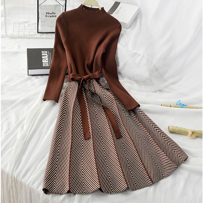 

Arrow Striped Knitted Sweater Dress Women Autumn Winter Turtleneck Elegant Knit Dress with Belt Long Sleeve Knee-Length B395, Beige
