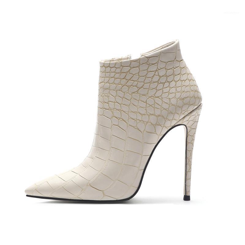 

MKKHOU Fashion Short Boot Woman 2021 new simple style pointed stone textured side zipper 10/12cm high heel leather bare boots1, White 10cm