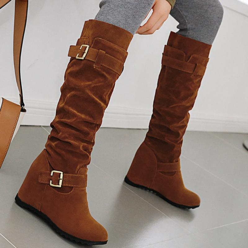 

women shoes high heel square heel Women's Retro Wedges Buckle Knee Bare Boots Slip-On Casual Long Tube Booties#4, Black