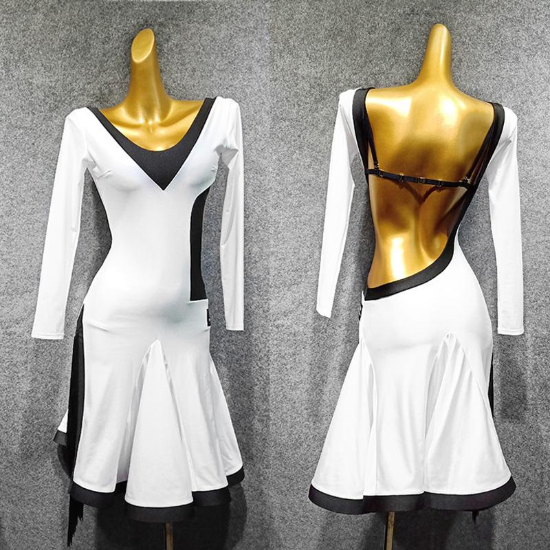 

Latin Dance Dress White Long Sleeve Sexy Backless Split Tassels Competition Dresses Samba Cha Cha Salsa Female Dancewear DN4064
