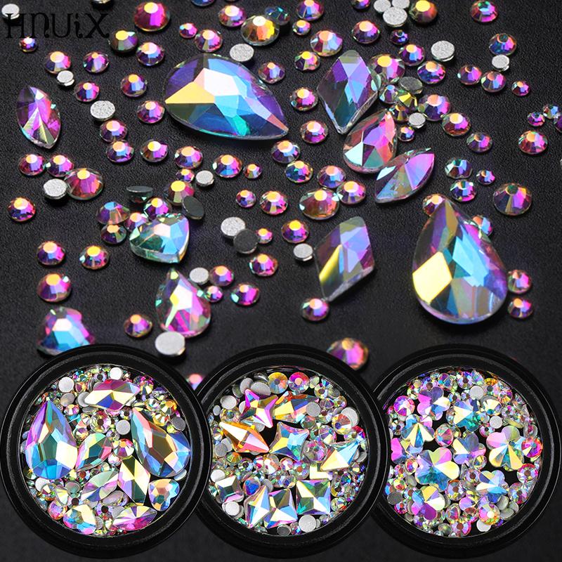 

HNUIX 1 box mixed 3D rhinestone Nail Art decorations Crystal Gems Jewelry Gold AB shiny stones charm glass manicure accessoi