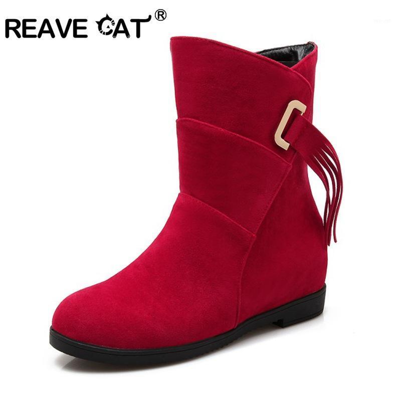 

REAVE CAT Woman boots Med heel Fringe Slip-On Ankle boots Winter Warm Botas Black Red Beige Mujer Female Sapatos Feminino A11561, Black velvet