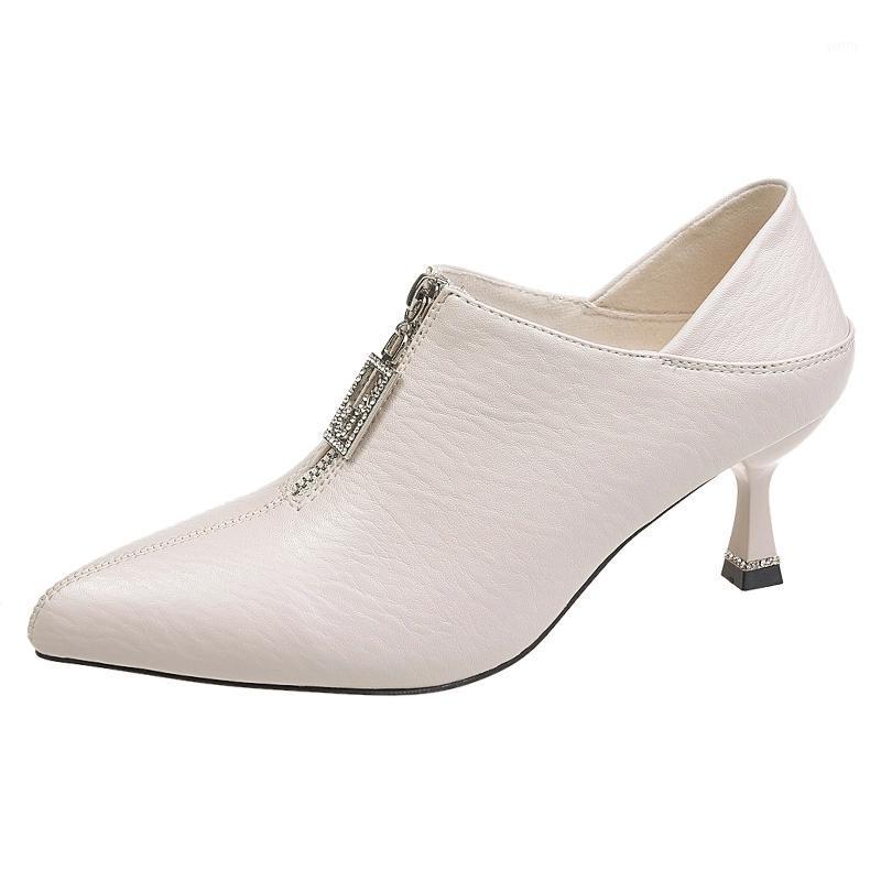 

2021 Autumn Winter PU Leather Pointed Toe Thick High Women Shoes Heel Solid Mom Shoes Zipper Wedding Female Pumps U14-511, Beige