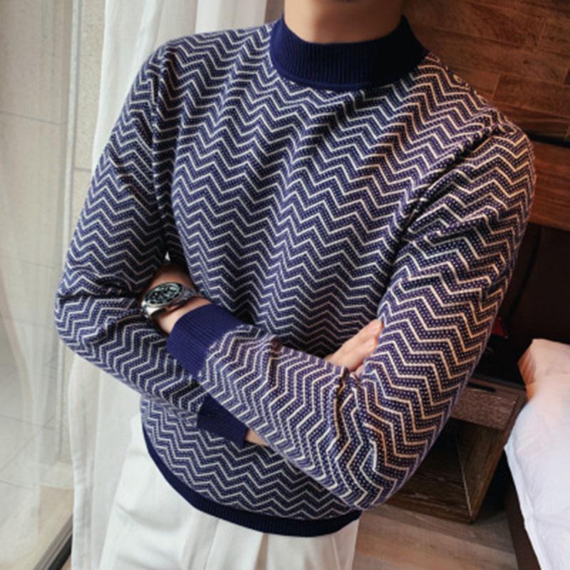 

Sweater Men British Style Autumn Winter Fashion Wave Striped Pullovers Sweaters Men Long Sleeve Casual Pull Homme Fashion 2021, Black