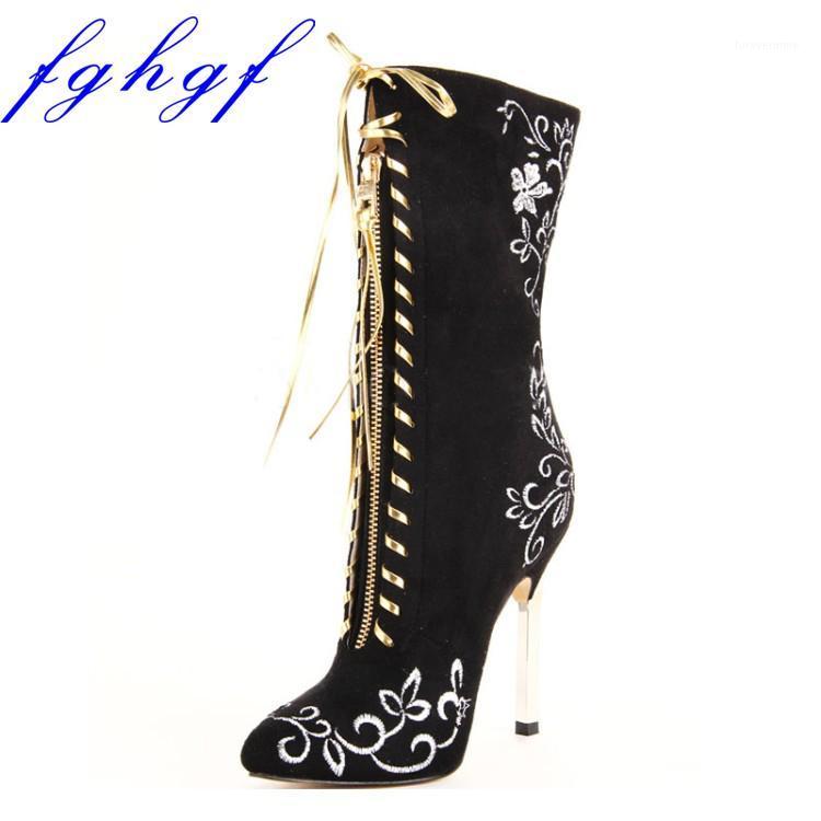 

Fghgf 2020 New Embroidered Boots with 11cm heel height, pointed head, fashionable and sexy, with gold trim, size US 5-111, Black