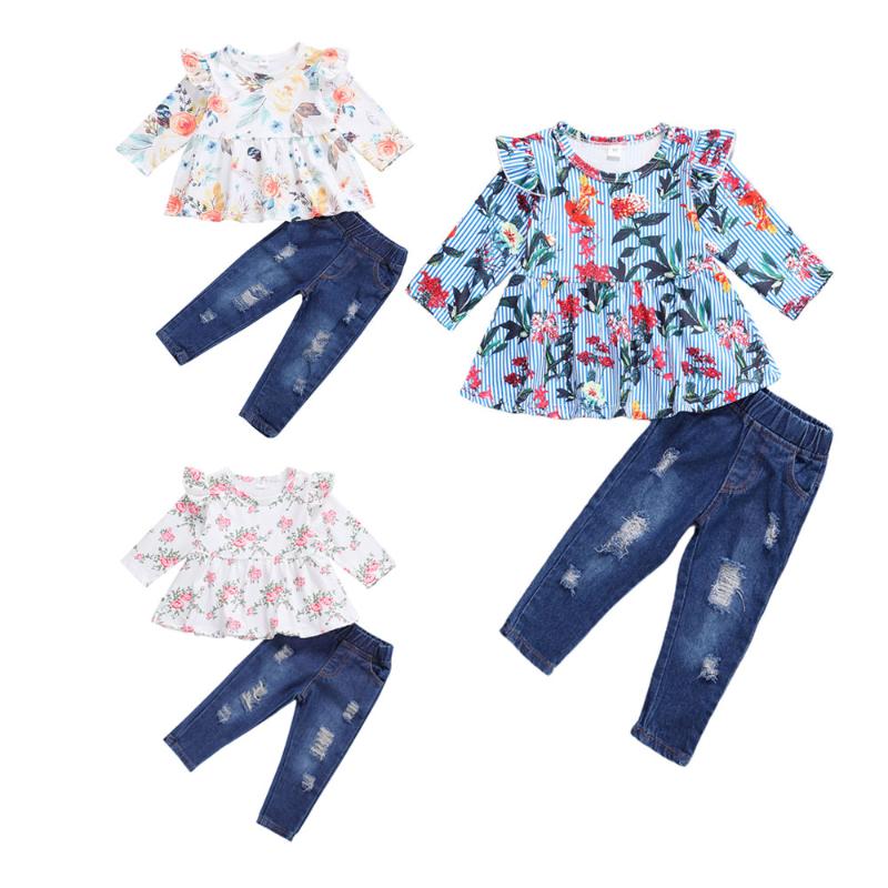

1-5Y Spring Autumn Toddler Kids Baby Girl Clothes Sets Floral Ruffle Tops T-Shirt Denim Pants Jeans Outfits Clothes