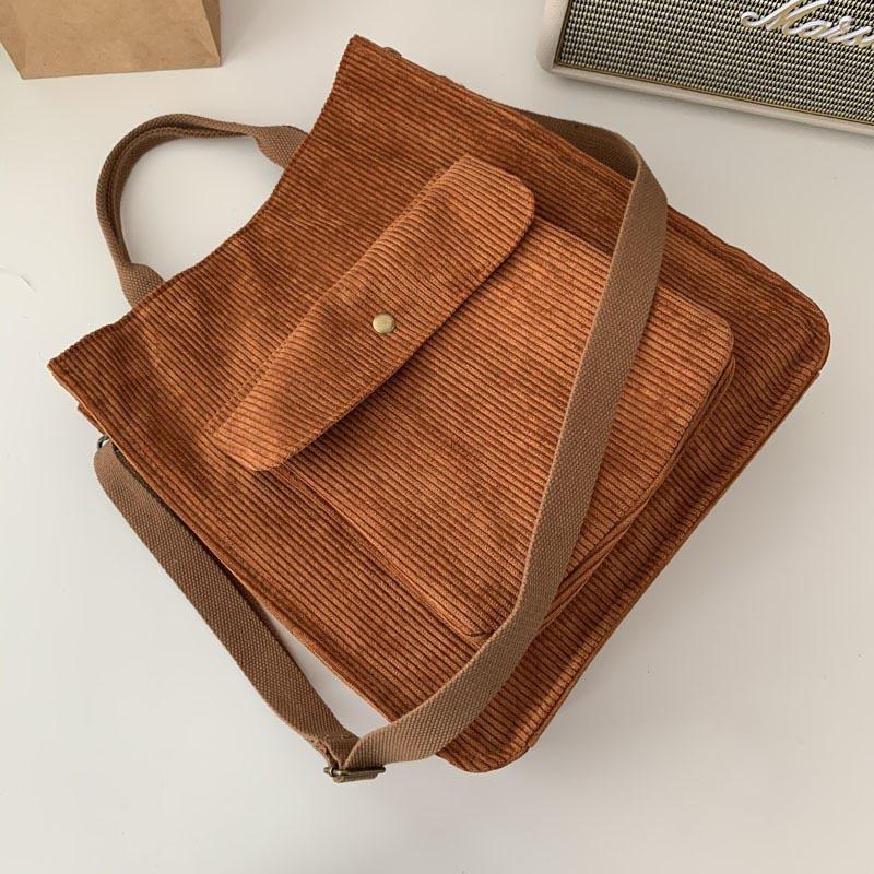 

Evening Bags Corduroy Shoulder Bag Women Vintage Shopping Zipper Girls Student Bookbag Handbags Casual Tote With Outside Pocket