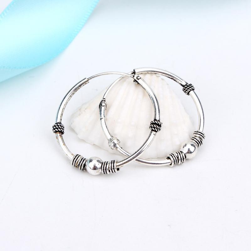 Hoop & Huggie 1pair 24mm Bohemian Vintage Silver Color Circle Earrings For Women Simple Hook Pierced Cuff Brincos Bijoux Jewelry1