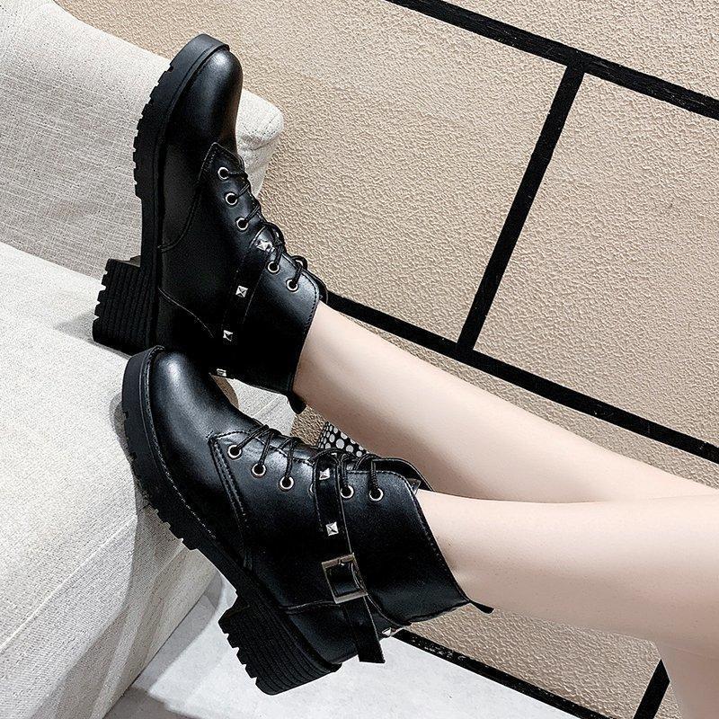 

DM516 Ankle Boots female 2020 Autumn winter pu round-toe lace-up thick-soled student motorcycle boots British style Botas Mujer1, Black