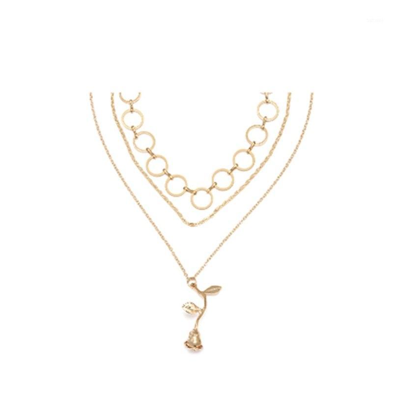 

2020 Hot Sale Copper Circle Cutout Multi-Layer Rose Pendant Necklace - Gold Women Double Layer Sequins multilayer necklace1