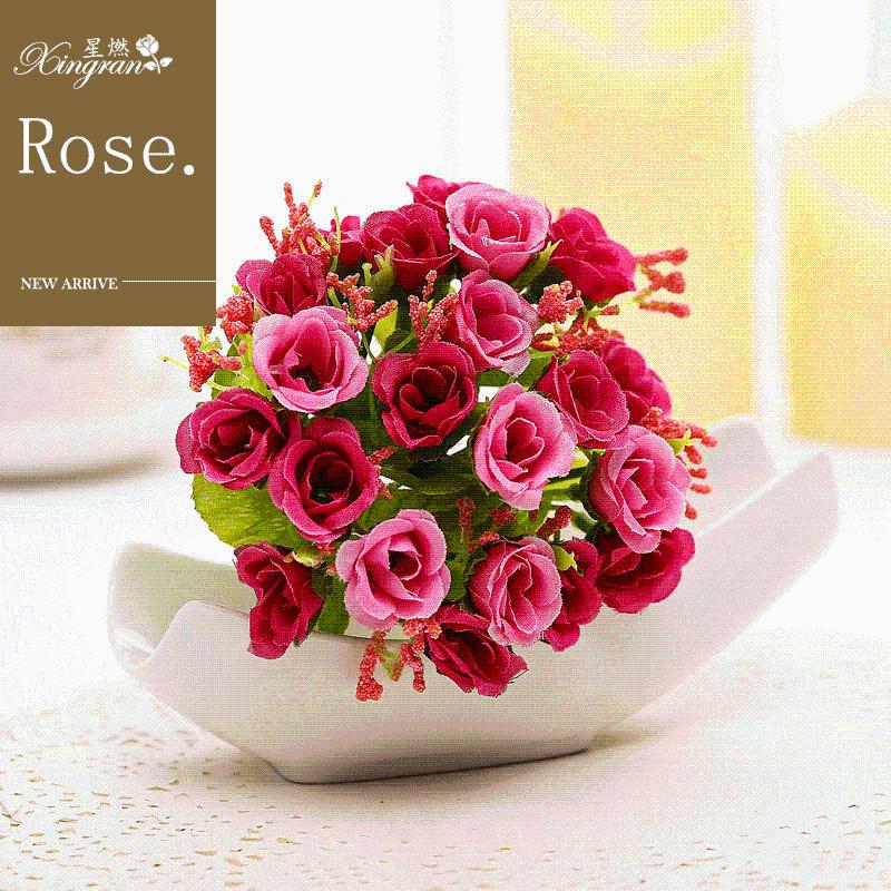 

Hot Selling 7 Head 21 Flower Diamond Rose Imitation Flowers Top Grade Silk Flower Handmade Artificial Plant, Green