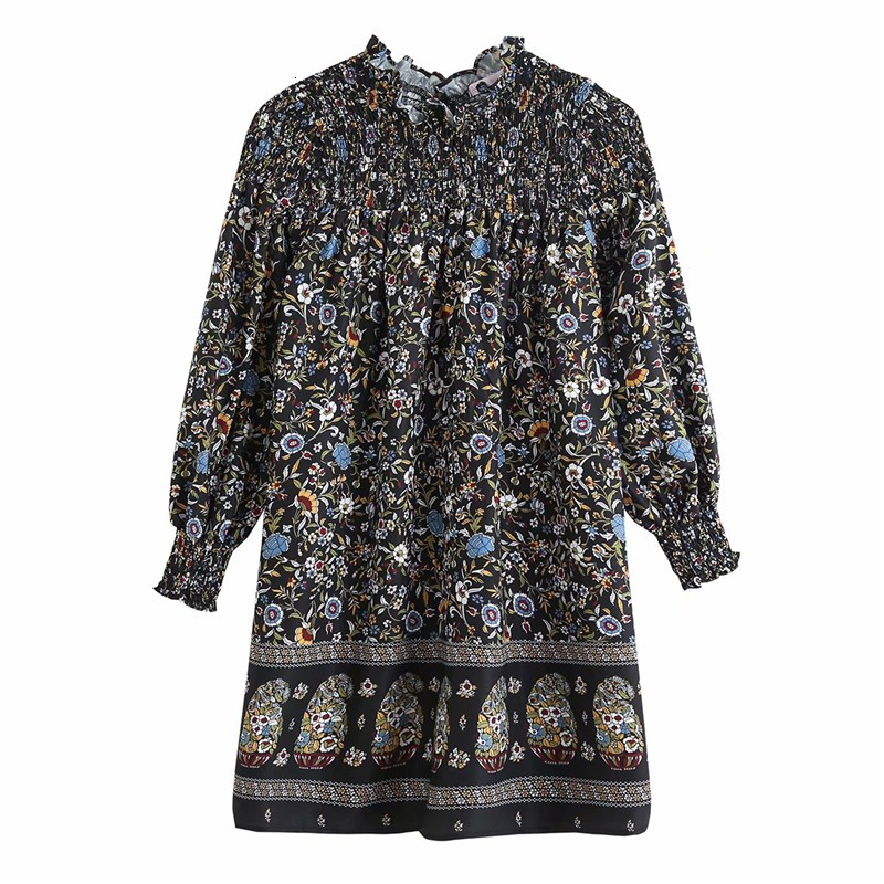 

2021 New Vintage Women O-neck Elastic Fashion Ladies Loose Lantern Sleeve Es Streetwear Female Boho Print Vestidos Roa0, Black