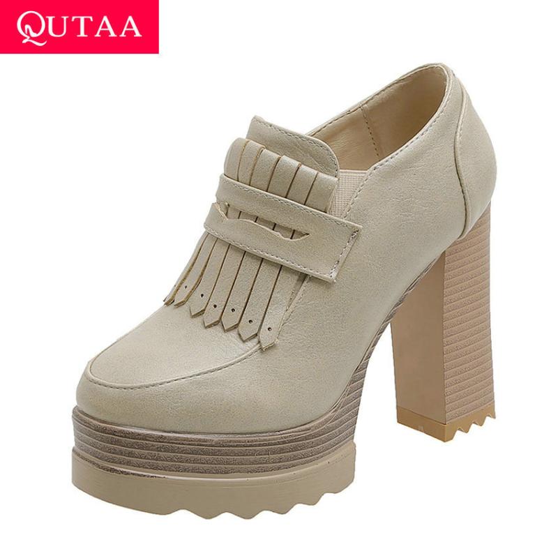 

QUTAA 2020 Square High Heel Slip on Casual Women Single Shoes Round Toe Fashion Platform PU Leather Ladies Pumps Big Size 34-42, Beige