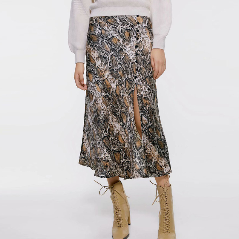 

2021 New Spring Autumn Women Serpentine Printed High Quality Fashion Office Lady Elegant Side Split Skirts 3rlj