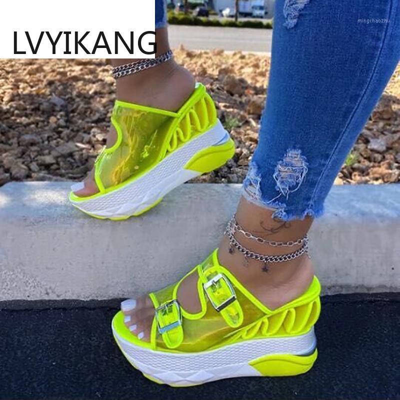

2020 New Fashion sexy summer wedge heel Women sandals Super high heel open toe transparent color plus size women's sandals 35-431, Yellow-green