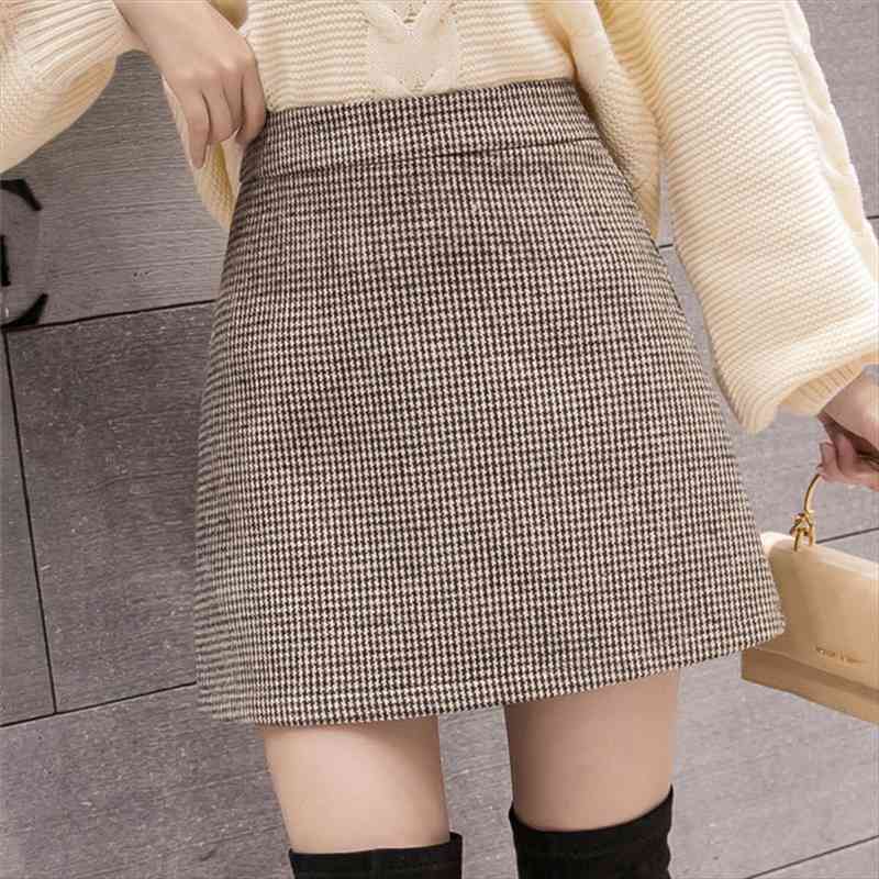 

autumn winter fashion plaid a-line mini skirt women high waist woolen skirt female casual all-match basic, Black