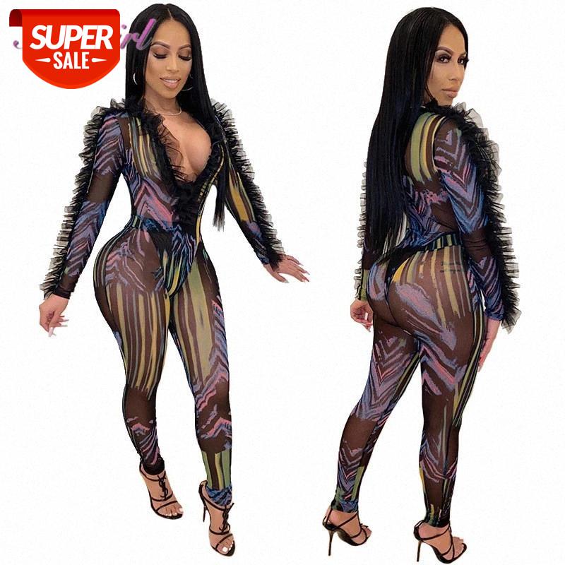 

Women Night Party Outfit Two Piece Set Sexy Print Ruffle Sheer Mesh Bodysuit Tee Tops Skinny Pencil Pants Suit Female Tracksuit #XG4B, Black;white