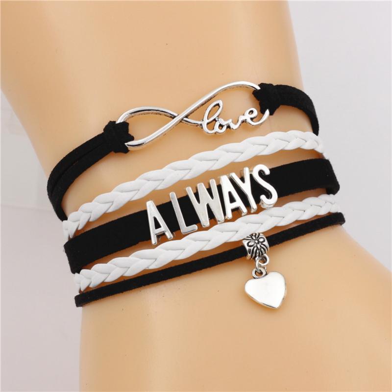 

Tennis 7 Colors Fashion Antique ALWAYS Alphabets Leather Bracelets Heart Charm Vintage Jewelry Gift For Women Men