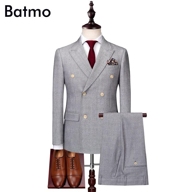 

BATMO 2020 new arrival high quality Double Breasted skinny casual plaid suits men,men's wedding dress,jackets+pants+vest XZ134, Screen