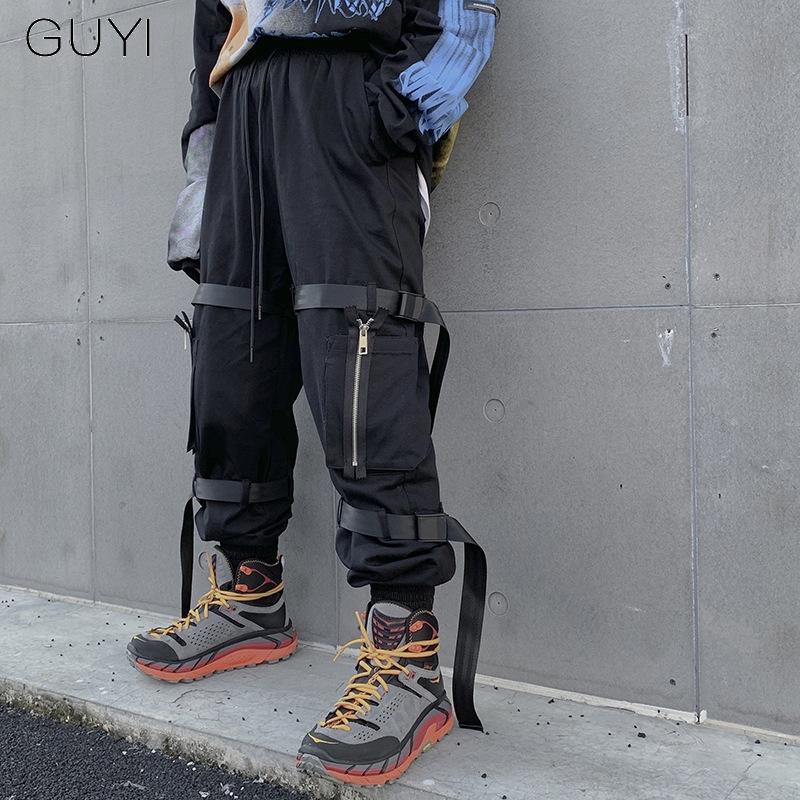 

Ribbons Zipper for Men Cargo Pockets Hip Hop Track Pants Male Trousers Casual Fashion Joggers Streetwear Pencil Tactical Pants, Black pants