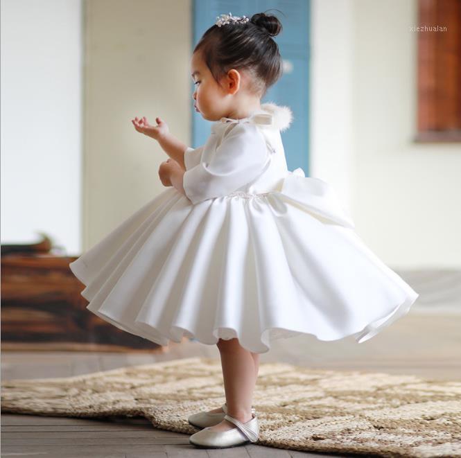 

Glizt Girl Wedding Party Flower Girl Dresses Princess Gown White Satin Long Sleeve Pageant First Birthday Gown1
