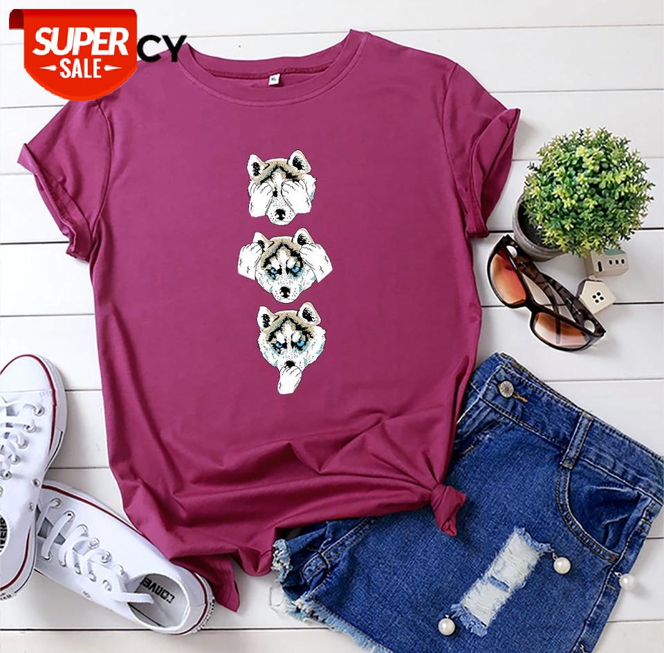 

JFUNCY 100% Cotton Women Tshirts Oversize Short Sleeve T-shirt Summer Loose Tee Shirt New Dog Print Woman Tops #1J7O, White