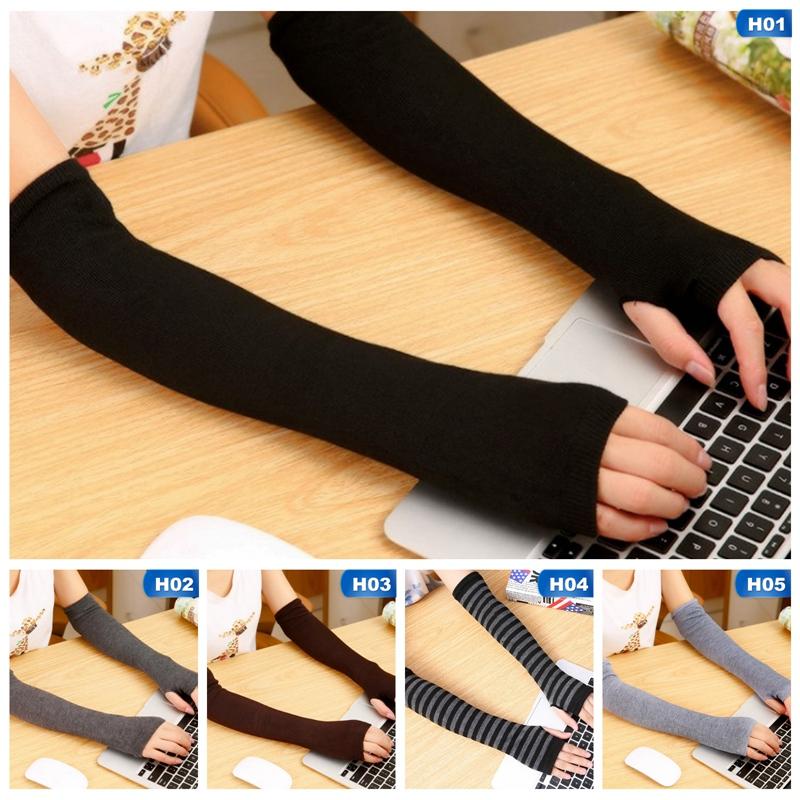 

Five Fingers Gloves 2021 Fashion Women Lady Striped Elbow Warmer Knitted Long Fingerless Mittens Christmas Accessories Gift