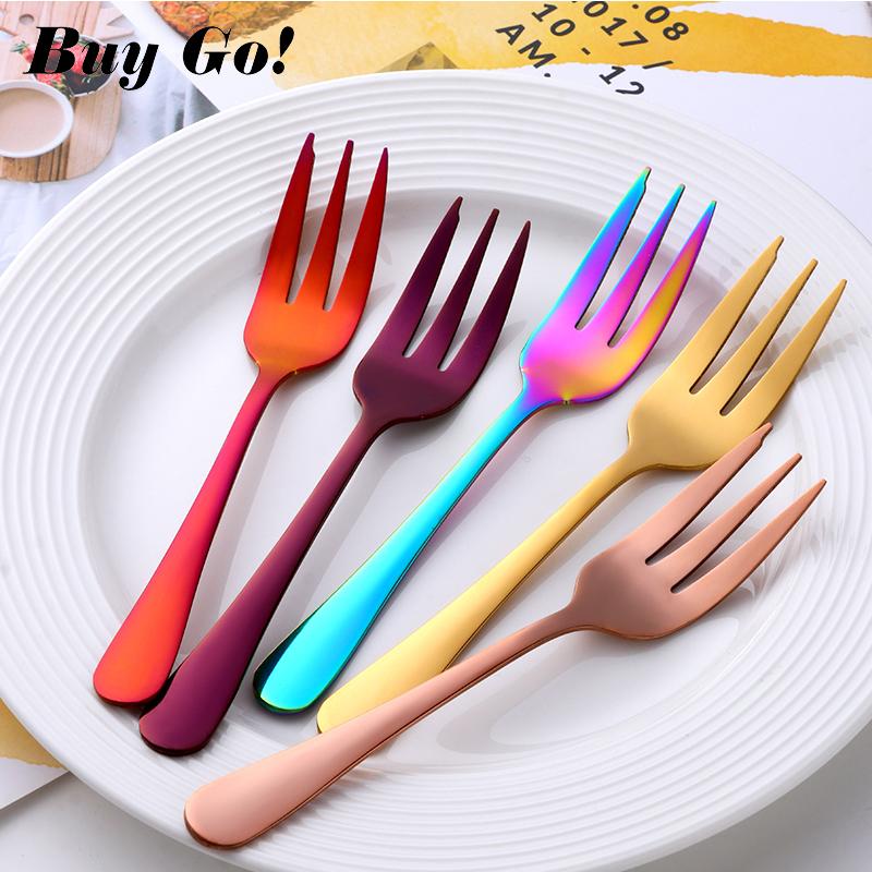 

1PC Fork Stainless Steel Small Fork For Dessert Rainbow Snack Fruit Three-Tine Mini Cake Colorful Home Dinnerware