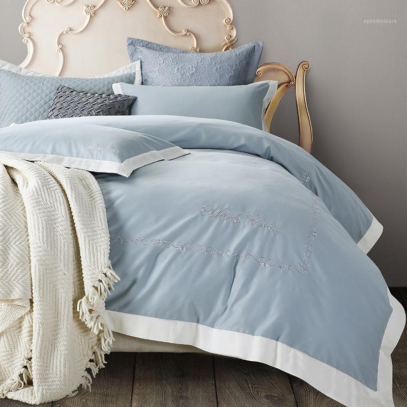 

60S Cotton White Brown color Bedding set Oriental Embroidered Bed set 4Pcs King  size Bedsheet Duvet cover Pillow shams1, Color 1
