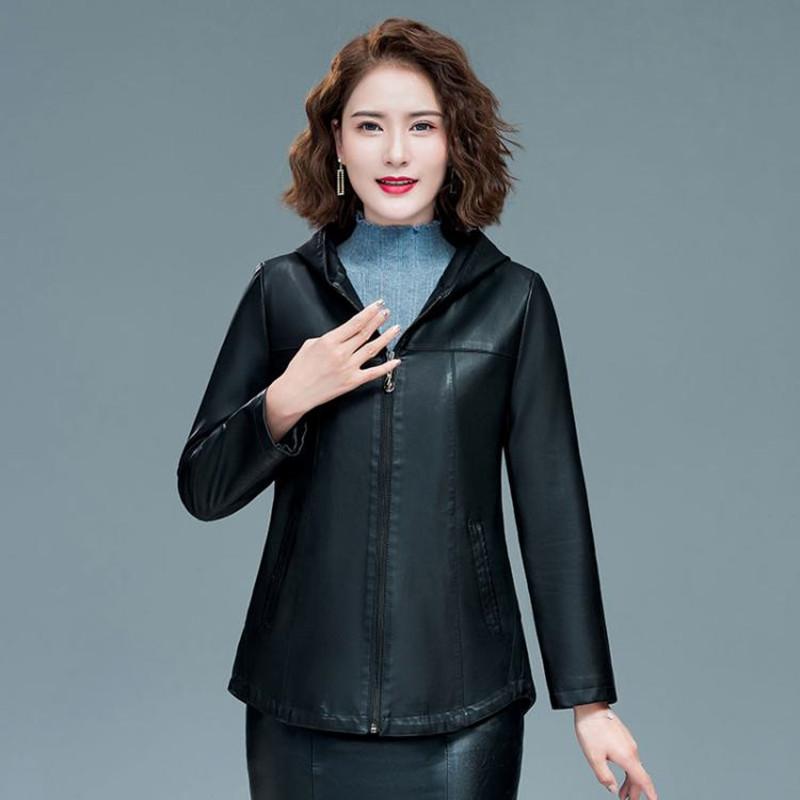 

New Womens Black Elegant Hooded Leather Jackets Ladies Slim Soft Sheepskin Leather Coat Plus Size 5XL Female Clothing Outerwear
