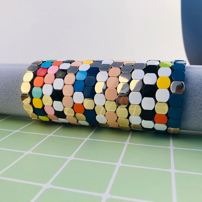 

Trendy Honeycomb vitamin Shaped Colorful Rainbow Bracelets Men Handmade Tile Beads Enamel Elasticity Bracelet For Women Bangles