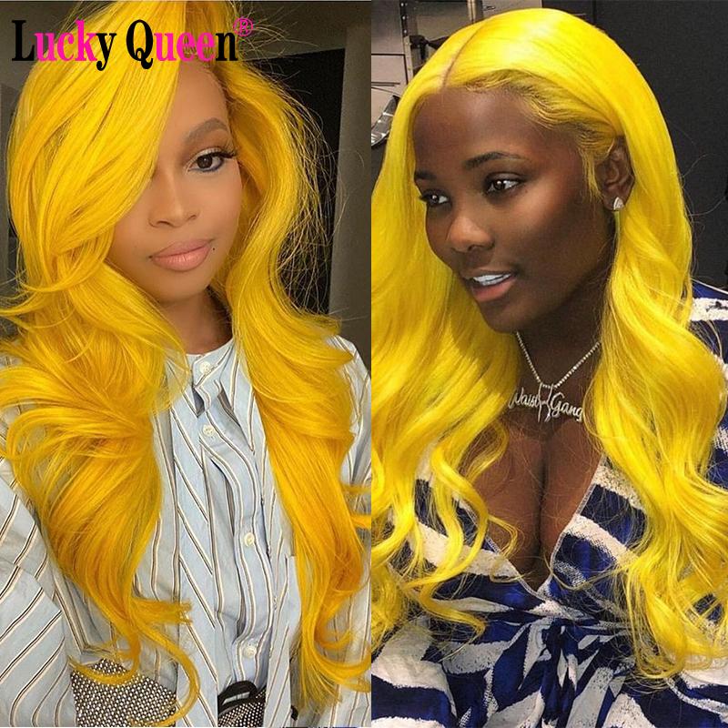 

Yellow Pink Colored 613 Blonde Transparent Lace Front Human Hair Wigs 150% Density Lucky Queen Virgin Hair Body Wave, #613