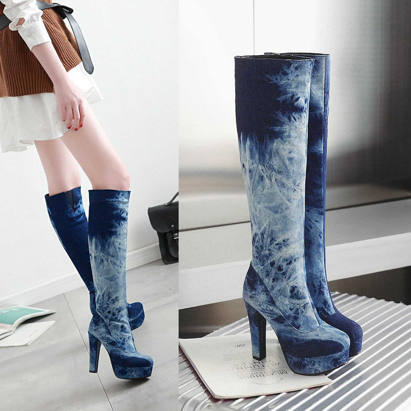 

2021 Hot Women at the Knee-high Fabric Denim European Seam and Winter Boots Classic Cross Strap Washing 00BT, Dark blue-winter
