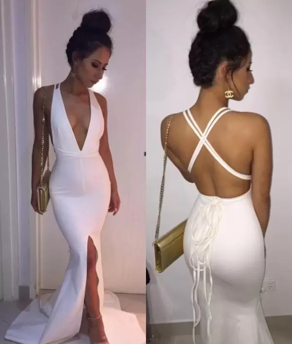 

2022 New Sexy Deep V Neck Mermaid Long Prom Dresses Backless Side Split Sweep Train Party Dress Evening Gowns, Black