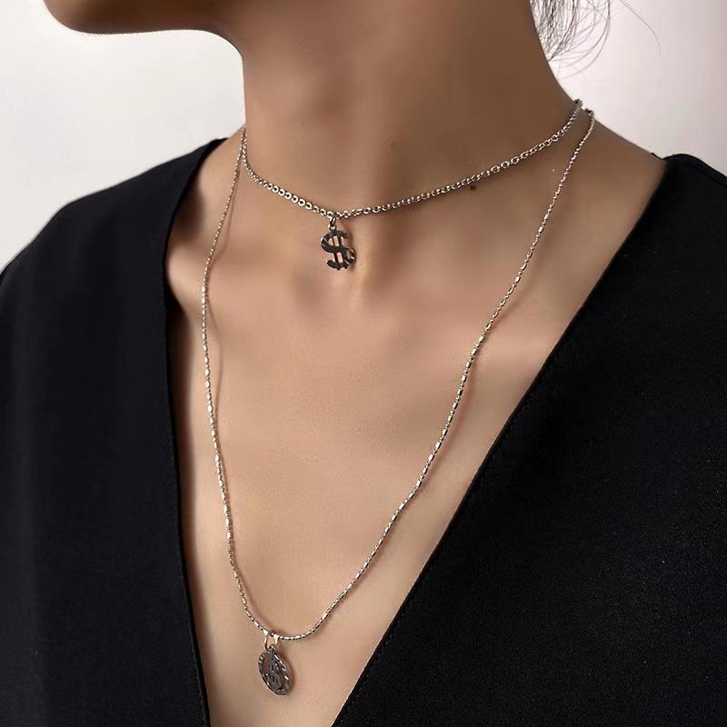 

Hip-Hop Rapper Jewelry Dollar Shaped Double Chain Choker Necklace Rhinestone Circular Pendant M193