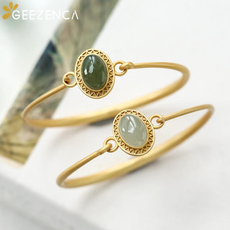 

Trendy Vintage 925 Sterling Silver Gold Plated Green Jade Bangles Bracelets For Women Fine Jewelry Simple Handmade Bangle Gift1