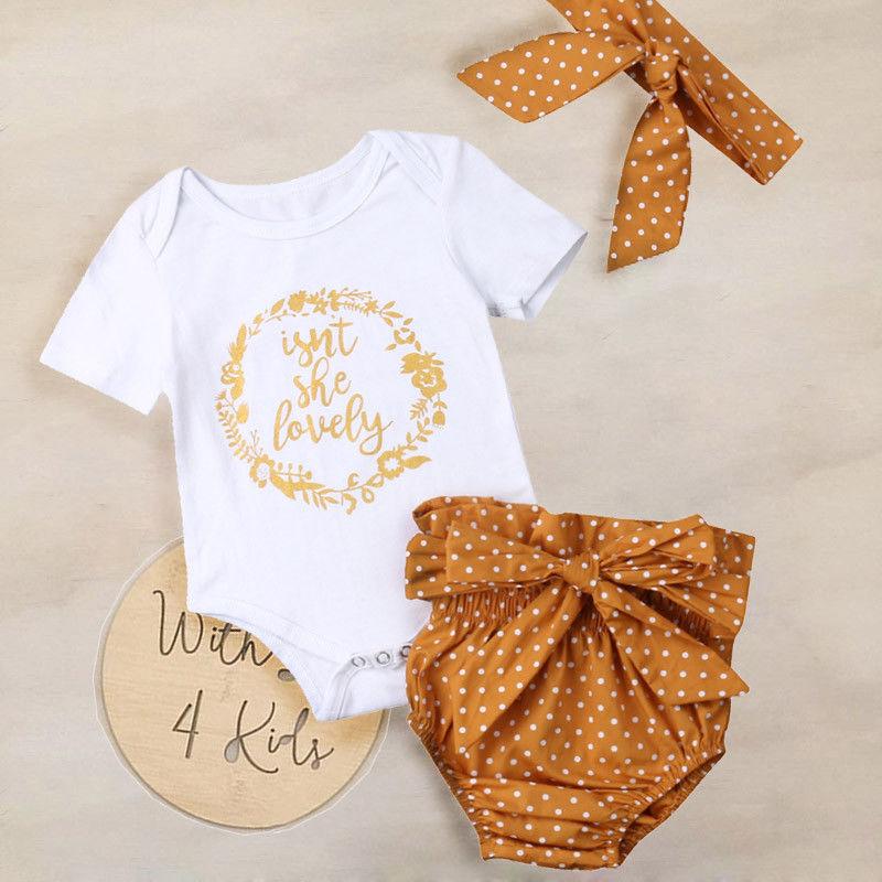 

3Pcs Summer Newborn Infant Baby Girl Clothes Romper Tops Printed Shorts Headband Baby Casual Clothing Outfits 0-18M, As pic