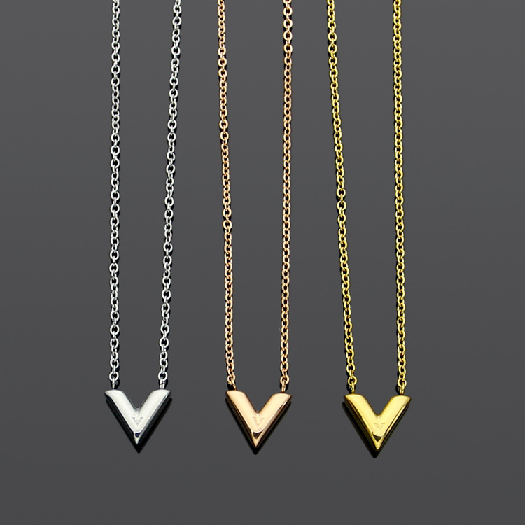 

New High Quality V-shaped Stainless Steel Necklace 18K Gold Rose Silver Necklace Come with Dust Bag for Couples Gift