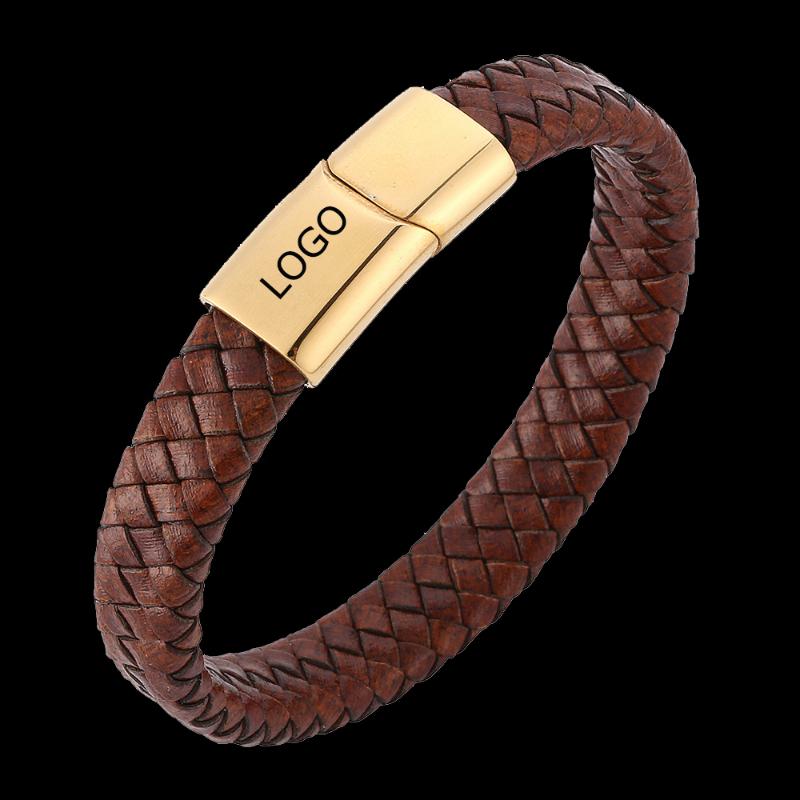 

New Mens Jewelry Laser LOGO Brown Leather Bracelet Stainless Steel Magnetic Clasp Fashion Bangles Gift For Boyfriend Father