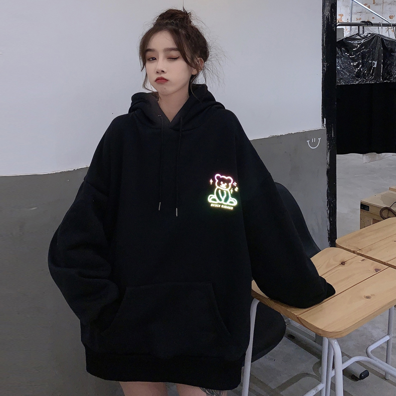 

2021 New Reflective Female Sweater Autumn and Winter Loose Tide Bf Lazy Wind Plus Velvet Thick Harbor Coat Flavor IUUA, Black