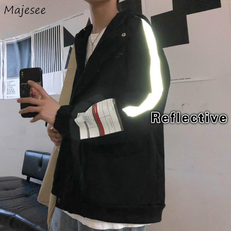 

Men Jackets Patchwork Reflective Zipper Hooded Teens Loose Outwear Daily All-match Simple Mens Chic Coat Spring Autumn Harajuku, Black