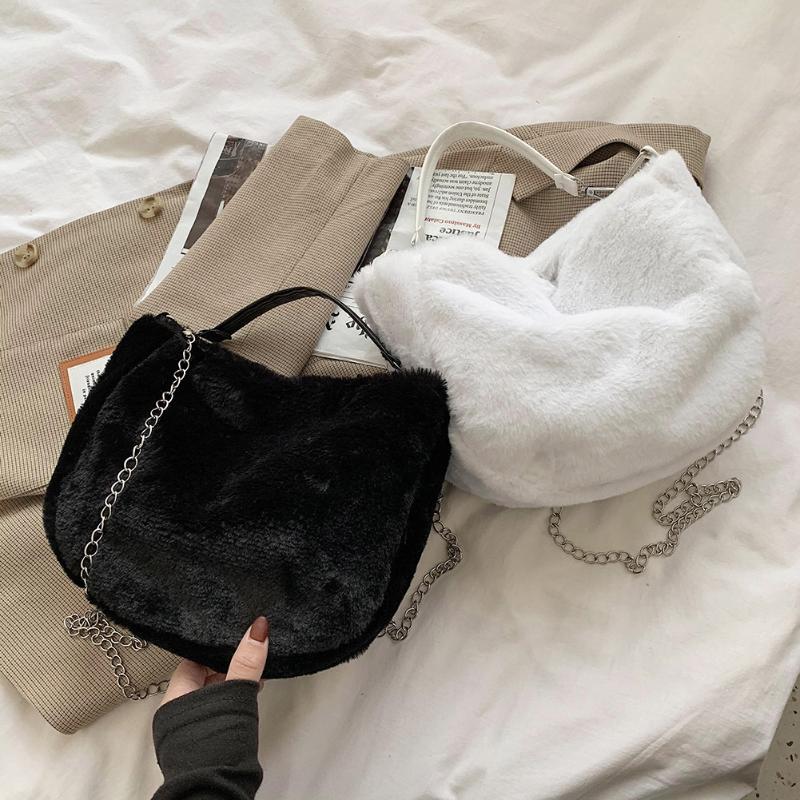 

Casual Solid Color Women Chain Shoulder Bags Winter Autumn Plush Underarm Bag Commuter Shopping Messenger Handbags 2021 Trend, Black