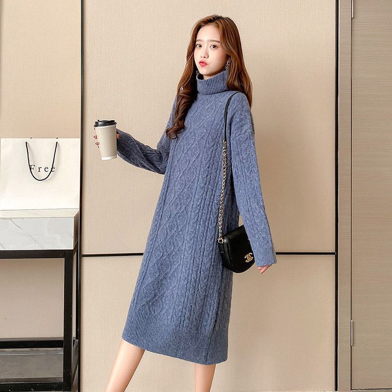 

2021 New Korean Style, Knitted Solid Turtleneck, Full Length Sleeves at the Height of Women's Loose Knee Knitting in Winter Dress U2CR, Black