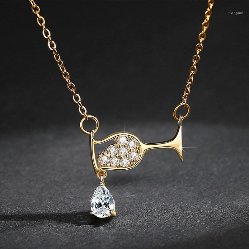 

Pendant Necklaces Gold Color Chain Cute Wine Glass Necklace For Women Zircon Crystal Cup Charm Choker Drop1