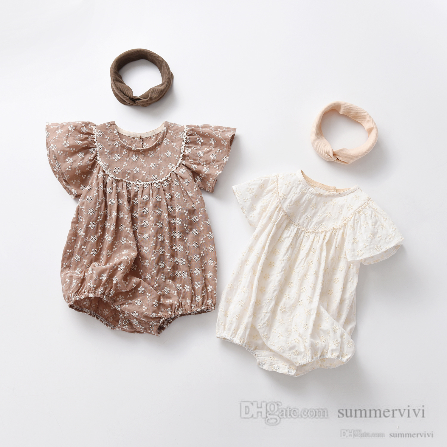 

Infant kids lace hollow floral embroidery rompers newborn girls falbala fly sleeve jumpsuits summer baby soft climb clothing Q4744, Blue